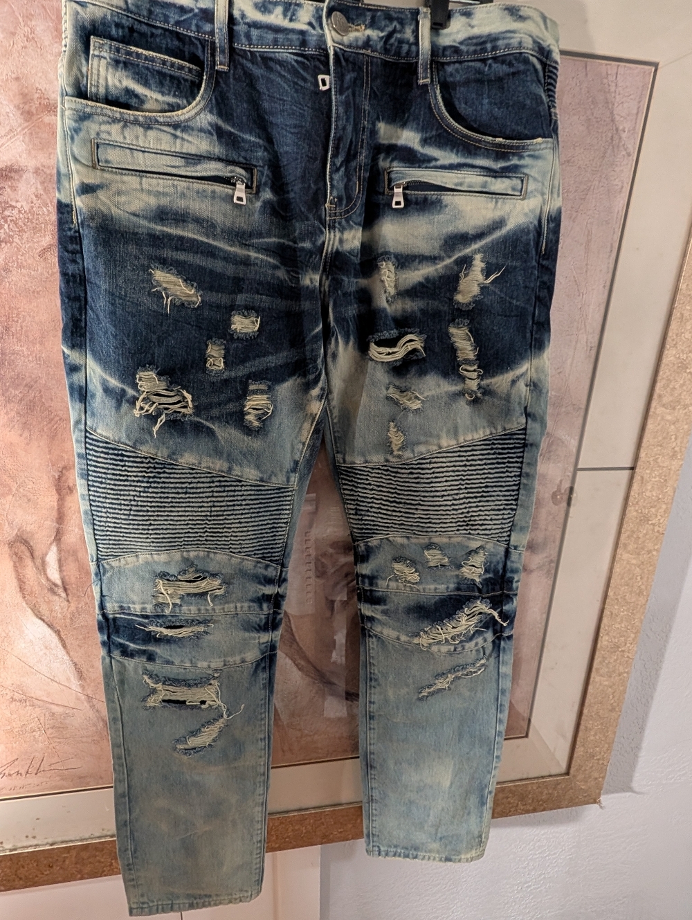Embellish Distressed Classic Stretch Denim Jeans Biker-Style Ribbing Size 38/32